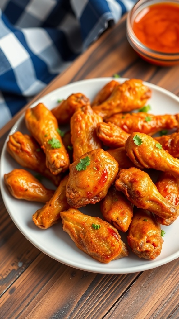 Crispy chicken wings served on a plate with parsley and dipping sauce.